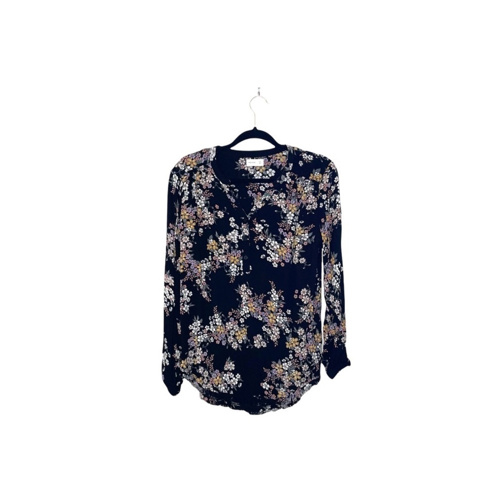 Maurices Black Multi Floral Top Buttoned Split Neck Long Sleeve Xsmall Women’s